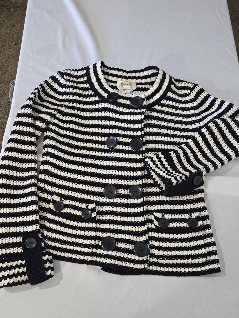 Talbots Black & White Striped Double-Breasted Knit Jacket
